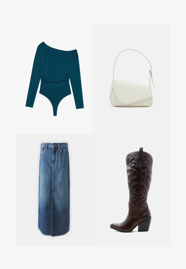 Türauer Langarm-Bodysuit mit einem Schulterdesign, geraffter Textur auf einer Seite und glatter Oberfläche. Verfügt über einen Tanga-Schnitt am unteren Ende.; Blaue Denim-Midi-Rock mit geradem Schnitt, vorderem Knopfverschluss, Gürtelschlaufen und zwei seitlichen Taschen. Weicher, strukturierter Stoff.; Hoher dunkelbrauner Leder-Cowboystiefel mit gestickten dekorativen Mustern, spitzer Spitze und gestapeltem Blockabsatz.; Weiße Kunstleder-Handtasche mit einer strukturierten dreieckigen Form, einem verstellbaren Einzelgurt und einem Klappenverschluss mit geschwungenen Akzenten.