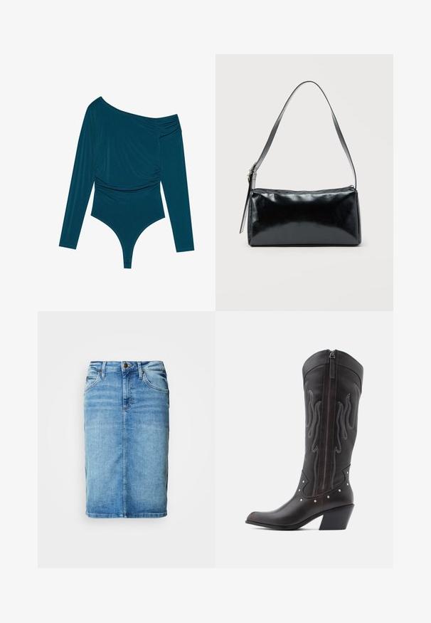 Teal langærmet bodysuit med én skulder, samlet tekstur på den ene side og glat finish. Har en thongedel i bunden.; Lyseblå denim nederdel til knælængde med forlommer, knaplukning, bæltestropper og diskrete falmede detaljer.; Brune læder cowboystøvler med flammebroderi, sidelukning med lynlås, sølvnitter, spids snude og lagdelt hæl.; Sort rektangulær skuldertaske med en enkelt justerbar rem og lynlås i toppen på en ensfarvet baggrund.