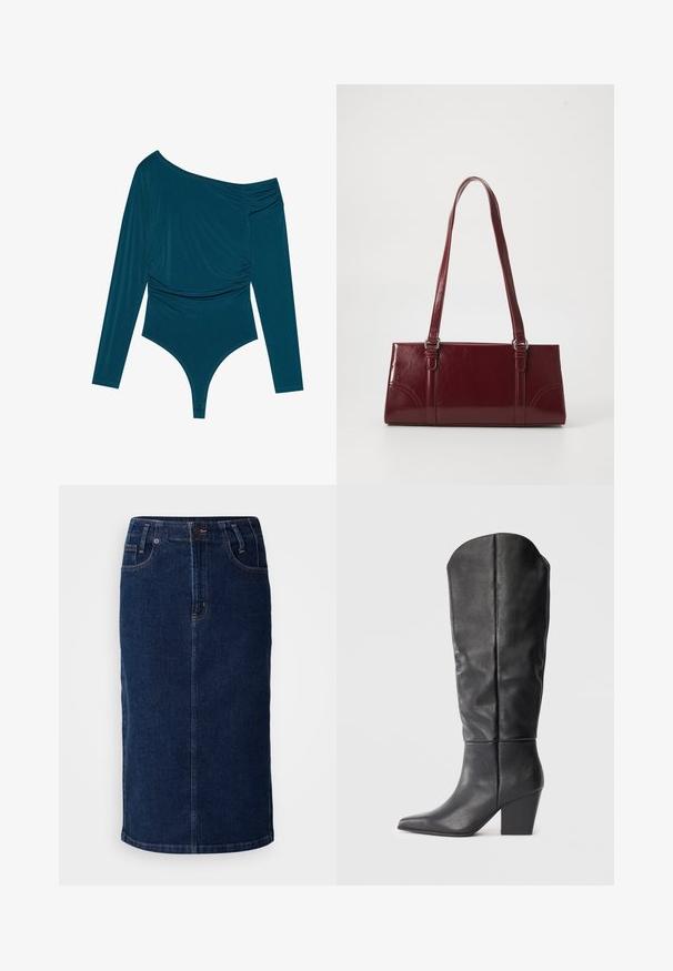 Türauer Langarm-Bodysuit mit einem Schulterdesign, geraffter Textur auf einer Seite und glatter Oberfläche. Verfügt über einen Tanga-Schnitt am unteren Ende.; Denim-Midikleid in Dunkelblau mit geradem Schnitt, vorderen Taschen und kontrastierenden orangenen Nähten. Glatte Textur mit minimalen Details.; Schwarze kniehohe Stiefel aus Leder mit spitzem Zeh und blockigem Absatz. Das Design zeichnet sich durch eine glatte Textur und minimalistische Linien aus.; Burgunderfarbene Handtasche aus glänzendem Material, rechteckige Form, mit zwei Schulterriemen und subtilen, geschwungenen Akzenten an der Vorderseite.