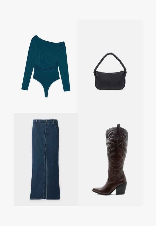 Teal langærmet bodysuit med én skulder, samlet tekstur på den ene side og glat finish. Har en thongedel i bunden.; Good American FIT AND FLARE MAXI SKIRT - Denimnederdele - indigo; Høj mørkebrun læder cowboystøvle med syede dekorative mønstre, spids tå og stablet blokhæle.; Sort håndtaske med en rund form, lavet af glat materiale. Har et flet håndtag og en lynlåslukning for sikker opbevaring.
