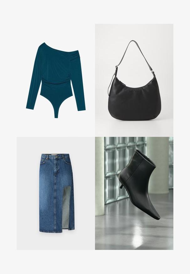 Teal langærmet bodysuit med én skulder, samlet tekstur på den ene side og glat finish. Har en thongedel i bunden.; Denimskørt i medium blå med lige snit og sidelæg. Har klassisk fem-lomme-design og bæltestropper, med synlige stikninger.; Sort læderankelstøvle med spids tå og lav kitten-hæ, vist vinklet mod en poleret gulv- og glasblokvæg.; Sort hobo-taske lavet af glat, holdbart materiale. Har en enkelt justerbar rem og et subtilt præglogo på forsiden.