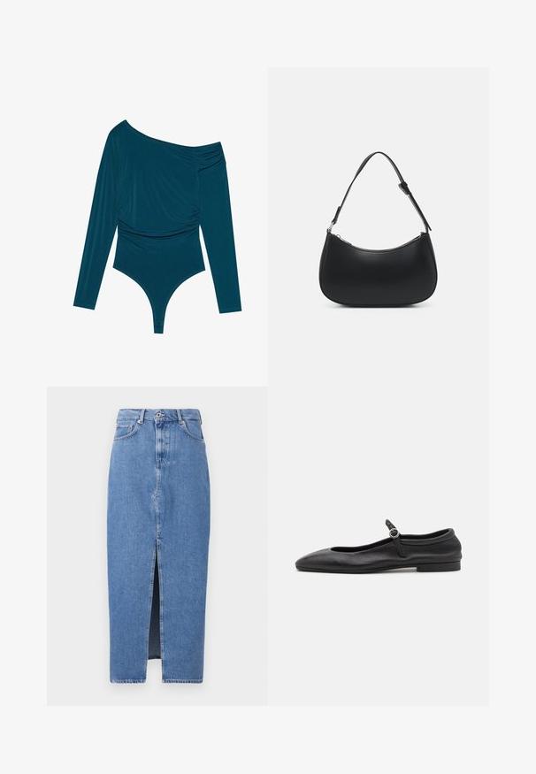 Teal langærmet bodysuit med én skulder, samlet tekstur på den ene side og glat finish. Har en thongedel i bunden.; Lyseblå denim midi-nederdel med en frontslids, klassisk fem-lomme design og lukning med topknap. Stoffet har en let struktur.; Sorte læder balletflade med en rund tå, smal vamp og en lille ankelrem med en cirkulær spænde. Lav, flad sål.; Pieces PCALUANA SHOULDER BAG - Håndtasker - black