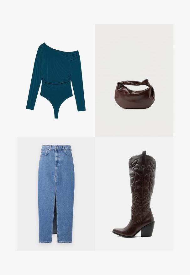 Bodysuit à manches longues teal avec un design asymétrique, texture froncée d'un côté et finition lisse. Présente une coupe thong en bas.; Jupe midi en denim bleu clair avec une fente avant, design classique à cinq poches et fermeture par bouton supérieur. Le tissu présente une légère texture.; Botte de cowboy haute en cuir marron foncé avec motifs décoratifs cousus, bout pointu et talon bloc empilé.; Sac bandoulière en cuir marron foncé avec une forme souple et décontractée et une anse nouée torsadée sur un fond blanc uni.
