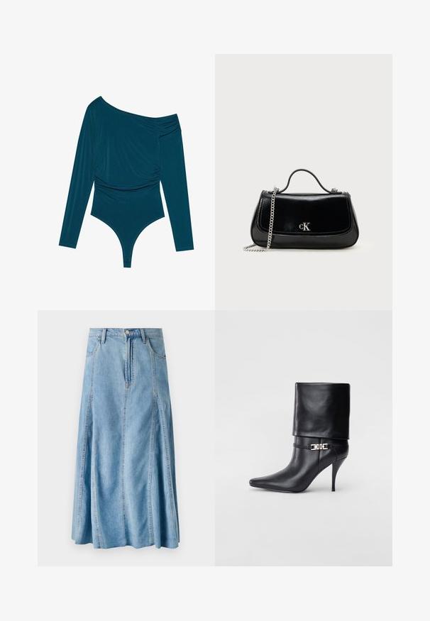 Teal langærmet bodysuit med én skulder, samlet tekstur på den ene side og glat finish. Har en thongedel i bunden.; Lyseblå denimnederdel med en udvidet design, der har en knaplukning, bæltesløjfer og lodrette sømdetaljer. Længde til midt på læggen.; Sort læder ankelstøvle med spids tå, høj stiletto hæl, fold-over manchet og en guld dekoreret spænde detalje på anklen.; Sort læderhåndtaske med en kædestrop, struktureret form og et sølvlogo. Glat overflade med flaplukning.