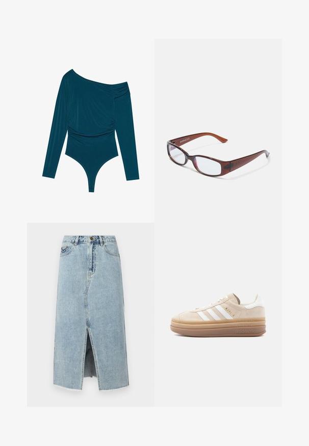 Teal langærmet bodysuit med én skulder, samlet tekstur på den ene side og glat finish. Har en thongedel i bunden.; Lysblå denimskørt med en frontslids, frynset kant, fem lommer og en knaplukning i taljen. Klassisk lige snit design.; Beige ruskindsneaker med hvide læderdetaljer, der har tre hvide striber, et gyldent logo og en tyk, gennemsigtig gummisål.; Brune-farvede rektangulære briller med en glat overflade, der har slanke arme og gennemsigtige linser. Logoet er synligt på venstre temple.