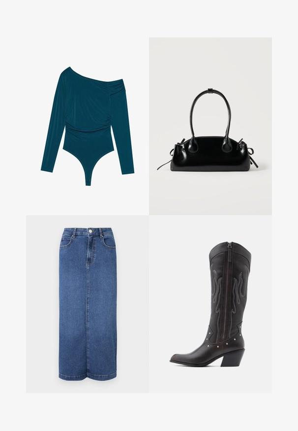 Teal langærmet bodysuit med én skulder, samlet tekstur på den ene side og glat finish. Har en thongedel i bunden.; Mørkeblå denim maxiskørt med lige snit, talje med knaplukning og minimale syninger.; Brune læder cowboystøvler med flammebroderi, sidelukning med lynlås, sølvnitter, spids snude og lagdelt hæl.; Lille sort blank håndtaske med to lange håndtag og snøre-detaljer i siden på en ensfarvet lys baggrund.