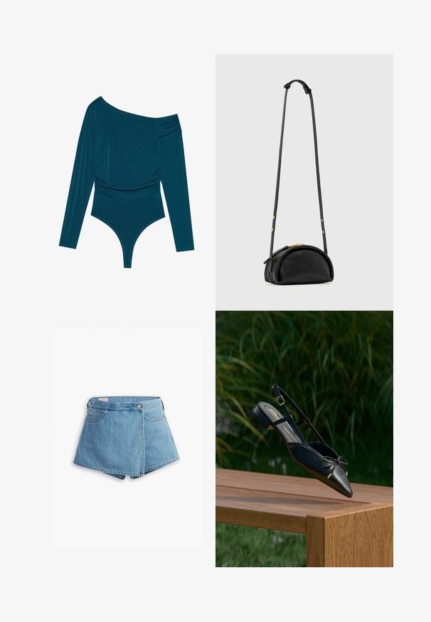 Türauer Langarm-Bodysuit mit einem Schulterdesign, geraffter Textur auf einer Seite und glatter Oberfläche. Verfügt über einen Tanga-Schnitt am unteren Ende.; Hellblaue Jeansshorts mit Wickeldesign, Fronttaschen und Metallknopfverschluss. Glatte Textur mit genähten Kanten.; Schwarzer Slingback-Ballerina mit spitz zulaufender Kappe und Schleifendetail, schwebt über einem Holztisch im Freien mit grünem Laub im Hintergrund.; Schwarze Leder-Umhängetasche mit abgerundeter Form, goldenem Reißverschluss und verstellbarem Riemen mit goldenen Knopfdetails.