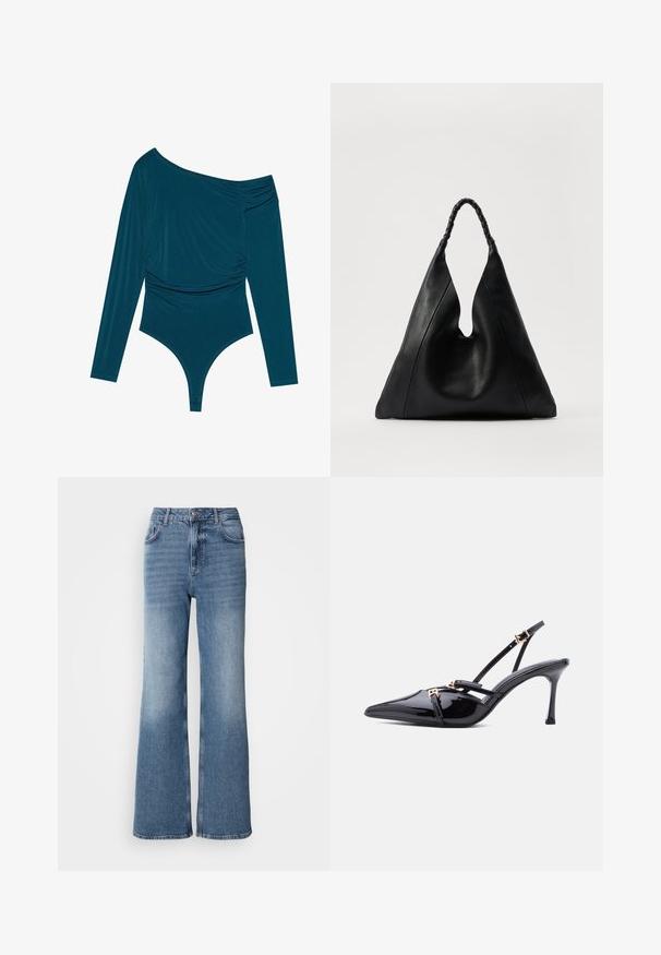 Türauer Langarm-Bodysuit mit einem Schulterdesign, geraffter Textur auf einer Seite und glatter Oberfläche. Verfügt über einen Tanga-Schnitt am unteren Ende.; Mos Mosh MAI - Jeans Straight Leg - blue wash; Schwarzer spitzer Slingback-Absatz aus Lackleder mit dünnen Riemen und kleinen Verschlüssen in Goldoptik auf weißem Hintergrund.; Schwarze Ledertasche mit einer einzigartigen V-förmigen Öffnung, ausgestattet mit einem geflochtenen Griff und einer strukturierten Oberfläche. Minimalistisches Design mit sanften Kurven.