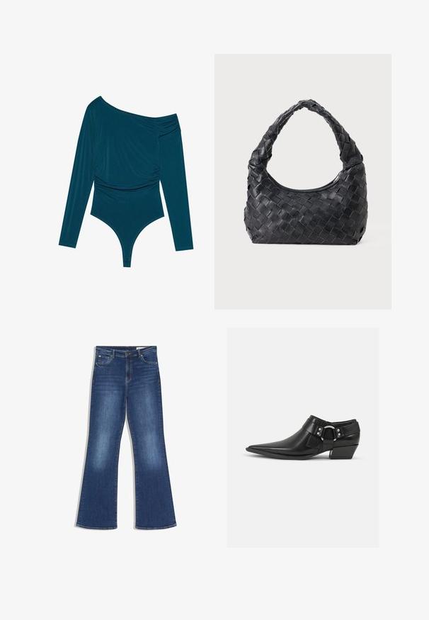 Teal lang-van-mouw bodysuit met een schouderontwerp, gerimpelde textuur aan één kant en een gladde afwerking. Beschikt over een slipcut aan de onderkant.; Blauwe denim jeans met een hoge taille, vijfzakkenmodel en uitlopende pijpen, met subtiele vervaging op de dijen en knieën.; Zwarte leren enkellaarzen met een spitse neus, voorzien van een leren band aan de voorkant en een zilveren gesp detail, en een lage, blokhak.; Zwarte leren geweven schoudertas met een ronde handgreep en een maansvormig lichaam op een effen achtergrond.