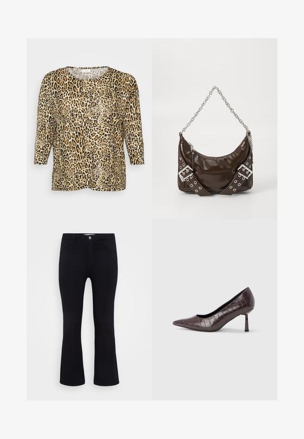 Leopardprint top med trekvartærmer, med en rund halsudskæring og en afslappet pasform, sat mod en simpel hvid baggrund.; ONLY Carmakoma Flared fit CARTHUNDER Mid waist - Flared jeans - black denim; Brune kunstlæder stiletter med spidse tæer og krokodilletekstur, der har en slank, vinklet hæl og en glat inderside.; Mørkebrunt patentlæder håndtaske med sølv kæderekke, dekorerede dobbelte spænder og lynlås lukning.