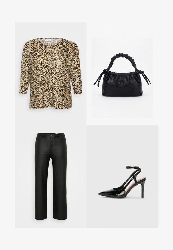 Leopardprint top med trekvartærmer, med en rund halsudskæring og en afslappet pasform, sat mod en simpel hvid baggrund.; Sorte afslappede bukser i et glat, strækbart stof. Har et traditionelt fem-lomme design med lynlås og knaplukning.; Sorte laklæder højhælede slingback-sko med spids tå, justerbar ankelrem og åben sider. Glat tekstur.; Sort taske med krokodilletekstur, rynket øverste kant, samlet hank og snore med kvaster på hver side mod en hvid baggrund.
