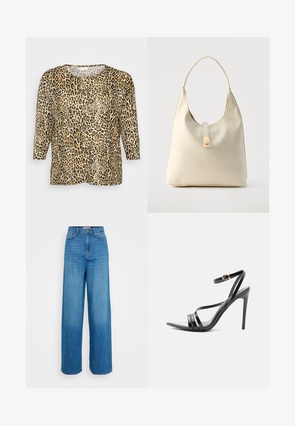 Leopardprint top med trekvartærmer, med en rund halsudskæring og en afslappet pasform, sat mod en simpel hvid baggrund.; Blå højtaljede vide jeans med frontknap og lynlås, for- og baglommer samt stikninger i kanten på en hvid baggrund.; Sort højhælet sandal med tynde remme over tæerne og anklen, med en gylden spænde på en slank stilet-hæl.; Hobo-taske i cremefarvet læder med en enkelt skulderrem, glat tekstur og et guldfarvet spænde foran.