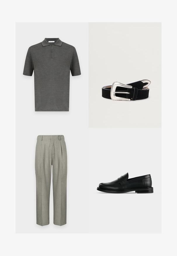 Polo-shirt gris foncé en tissu texturé, avec un col, trois boutons et des manches courtes.; Pantalons gris clair en tissu texturé. Ils présentent une coupe droite, des plis à l'avant et une taille plate.; Mocassin penny pour homme en cuir noir avec talon bas empilé et bout arrondi, vu de profil sur fond gris clair.; Ceinture en suede noir avec une boucle en métal argenté de forme arrondie et des accents cousus. Texture lisse et conception ajustable.