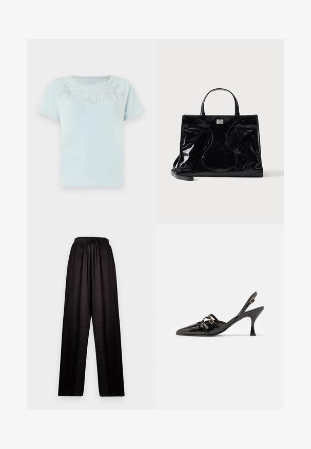 T-shirt en coton bleu clair à manches courtes et col rond, ornée d'un design brodé blanc complexe sur la poitrine.; Pantalons larges noirs avec taille élastique et texture léopard subtile, présentant un cordon de serrage à l'avant.; ALOHAS JOELLE ONIX - Escarpins - black; Sac à main en cuir noir brillant avec poignées courtes, bandoulière amovible et détails de couture discrètement courbés à l’avant.