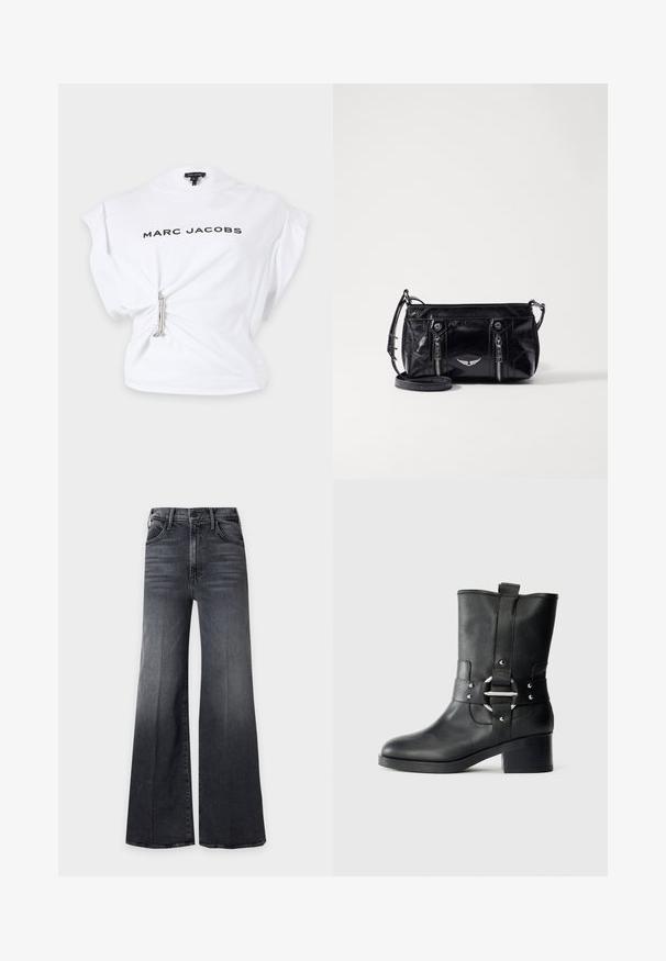 Hvid ærmeløs top fra Marc Jacobs med sort logotekst og et sølvfarvet sikkerhedsnål, der samler stoffet i venstre talje.; Sort højtaljet bredbenet jeans med forlommer og knaplukning, med subtile falmninger og whiskering-detaljer.; Sort læder ankelstøvle med en struktureret overflade, bred overdel, en rem med en metalspænde og en kraftig hæl.; Sort faux læder crossbody taske med lynlåslommer, et dekorativt sølv emblem og en justerbar rem. Glossy tekstur og kompakt form.