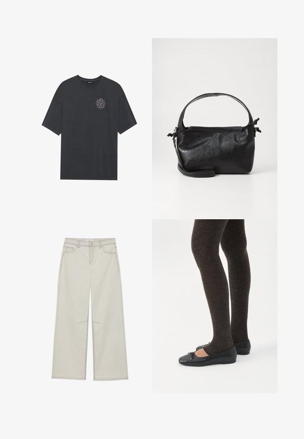 T-shirt en coton gris foncé avec un col rond et des manches courtes, présentant un graphique de soleil blanc sur le côté gauche de la poitrine.; Pantalons larges gris clair avec cinq poches, fermeture à bouton à l'avant et surpiqûres en contraste le long des coutures. Le tissu semble doux et durable.; Jambes portant des leggings côtelés foncés associés à des ballerines noires avec de petits détails en nœud sur fond blanc.; Sac à main en cuir noir au design structuré, avec une poignée arrondie et une bandoulière amovible. Présente une texture lisse et un éclat subtil.