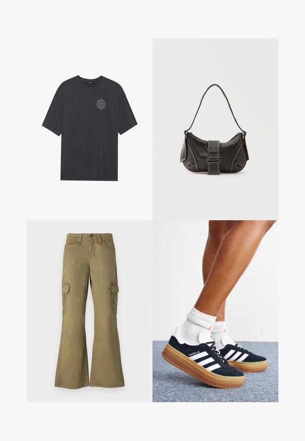 T-shirt en coton gris foncé avec un col rond et des manches courtes, présentant un graphique de soleil blanc sur le côté gauche de la poitrine.; Pantalons cargo en vert olive, fabriqués en coton. Caractéristiques : jambes évasées, plusieurs poches latérales et un bouton de fermeture à la taille.; Jambes portant des chaussettes blanches et des baskets Adidas Gazelle noires avec des bandes blanches et des semelles épaisses marron sur un sol recouvert de moquette grise.; Sac à épaule en cuir noir avec une sangle à boucle, des bords arrondis et des coutures blanches contrastées sur un fond uni.