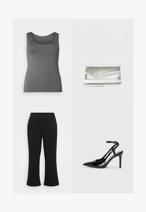 Grijze tanktop met een vierkante halslijn. Gemaakt van een gladde stof, met een aansluitende silhouet en brede schouderbanden.; Zwarte flared pants met een gladde, rekbare textuur. Heeft een brede tailleband en ribbelaccenten op de zijzakken.; Zwarte lakleren hoge hak slingback schoenen met spitse neus, verstelbare enkelband en open zijkanten. Gladde textuur.; Glanzende zilveren clutch met envelopvormige klep en decoratieve rand, klein zilveren kettingriempje, op een effen lichte achtergrond.