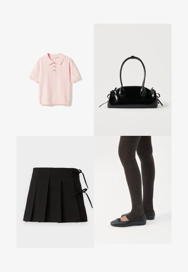 Polo en maille rose clair à manches courtes avec des motifs torsadés et ajourés, poignets et ourlets côtelés, et trois boutons marron sur la patte de boutonnage.; Jupe plissée noire avec des liens sur les côtés, fabriquée dans un tissu à la texture lisse ; elle présente un design structuré et des lignes épurées.; Jambes portant des leggings côtelés foncés associés à des ballerines noires avec de petits détails en nœud sur fond blanc.; Petit sac à main noir brillant avec deux longues anses et des détails à cordon sur les côtés sur un fond clair uni.