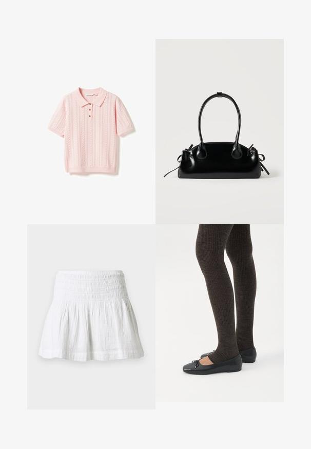 Polo en maille rose clair à manches courtes avec des motifs torsadés et ajourés, poignets et ourlets côtelés, et trois boutons marron sur la patte de boutonnage.; Mini-jupe en coton blanc avec taille élastiquée smockée et ourlet évasé froncé sur fond uni.; Jambes portant des leggings côtelés foncés associés à des ballerines noires avec de petits détails en nœud sur fond blanc.; Petit sac à main noir brillant avec deux longues anses et des détails à cordon sur les côtés sur un fond clair uni.