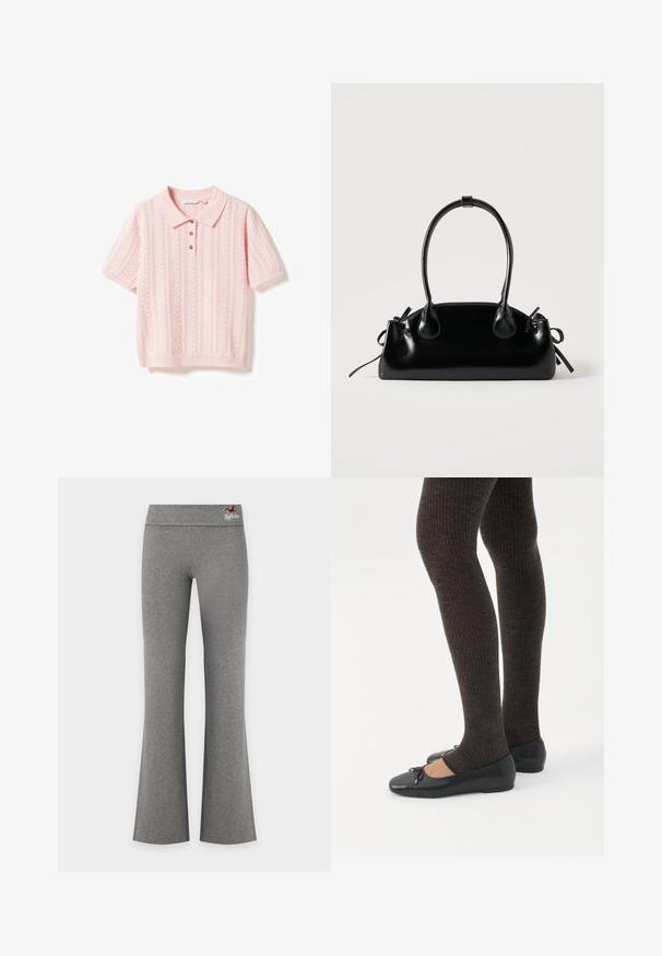 Polo en maille rose clair à manches courtes avec des motifs torsadés et ajourés, poignets et ourlets côtelés, et trois boutons marron sur la patte de boutonnage.; Paire de pantalons évasés gris uni avec une large ceinture et un petit logo rouge et blanc en haut à droite.; Jambes portant des leggings côtelés foncés associés à des ballerines noires avec de petits détails en nœud sur fond blanc.; Petit sac à main noir brillant avec deux longues anses et des détails à cordon sur les côtés sur un fond clair uni.