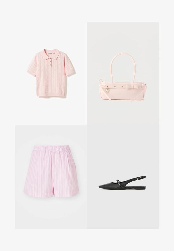 Polo en maille rose clair à manches courtes avec des motifs torsadés et ajourés, poignets et ourlets côtelés, et trois boutons marron sur la patte de boutonnage.; Shorts roses clairs avec des rayures verticales blanches, dotés d'une taille élastique et d'une coupe ample, fabriqués en tissu doux et léger.; Chaussures slingback en cuir noir avec un bout pointu, comprenant une lanière étroite et un accent de boucle argentée sur le côté. Semelle plate.; Sac à main rectangulaire rose pâle avec double poignée, nœud décoratif, œillets métalliques et petit charm en forme de cœur sur un fond uni.