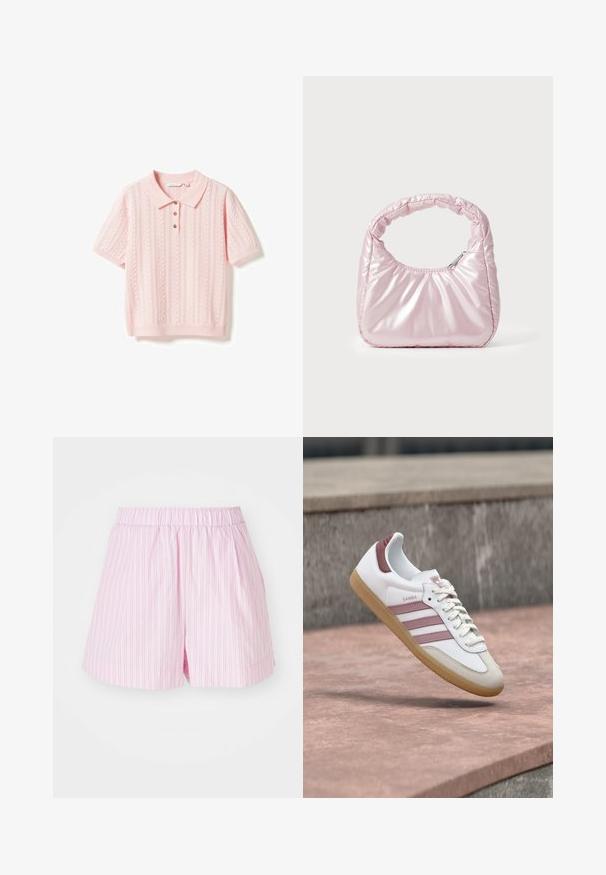 Polo en maille rose clair à manches courtes avec des motifs torsadés et ajourés, poignets et ourlets côtelés, et trois boutons marron sur la patte de boutonnage.; Shorts roses clairs avec des rayures verticales blanches, dotés d'une taille élastique et d'une coupe ample, fabriqués en tissu doux et léger.; Baskets blanches et roses Adidas Samba avec semelle en gomme flottant au-dessus d'une surface en pierre et un mur en pierre flou en arrière-plan.; Sac à main rose rembourré avec un design arrondi, fabriqué à partir d'un matériau brillant. Dispose d'une poignée froncée et d'une fermeture éclair pour un accès sécurisé.
