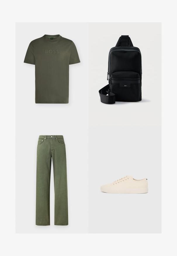 T-shirt homme vert olive à col rond, manches courtes et logo surélevé "BOSS" sur la poitrine.; Jean large coupe olive en coton avec une texture lisse. Comprend cinq poches et une fermeture par bouton métallique.; Baskets en toile beige avec bout arrondi, semelle en caoutchouc plate et lacets à l'avant. Présente un design minimaliste et un accent noir contrastant au niveau du talon.; Sac bandoulière compact noir avec poche zippée à l'avant, sangle réglable et tissu texturé sur fond uni.