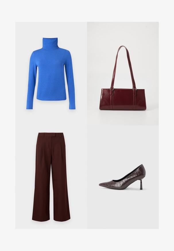 Pull à col roulé bleu à manches longues en tissu lisse, avec une coupe ajustée, un col montant et un ourlet droit.; Pantalon à jambes larges et taille haute de couleur marron foncé, avec passants de ceinture et plis sur le devant, présenté sur un fond blanc uni.; Escarpins à bout pointu en similicuir marron avec une texture crocodile, dotés d’un talon fin et angulaire ainsi que d’une doublure intérieure lisse.; Sac à main bordeaux en matériau brillant, de forme rectangulaire, avec deux anses et des accents légèrement courbés à l'avant.