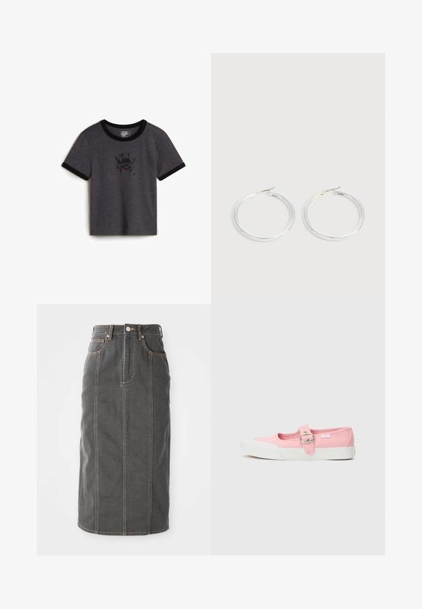T-shirt en coton gris avec encolure et poignets côtelés noirs ; dispose d'un motif graphique représentant un crâne avec des étoiles et une accentuation rouge.; Jupe midi en denim gris avec une coupe droite, cinq poches et des coutures orange le long des bords. Elle dispose d'une fermeture à boutons sur le devant et de passants de ceinture.; Chaussure en toile rose avec semelle plate, dotée d'une sangle et d'une boucle au milieu du pied. Semelle en caoutchouc blanche au design épuré et simple.; Paire de boucles d'oreilles créoles argentées brillantes avec fermoirs en fil fin, présentée sur un fond gris clair.
