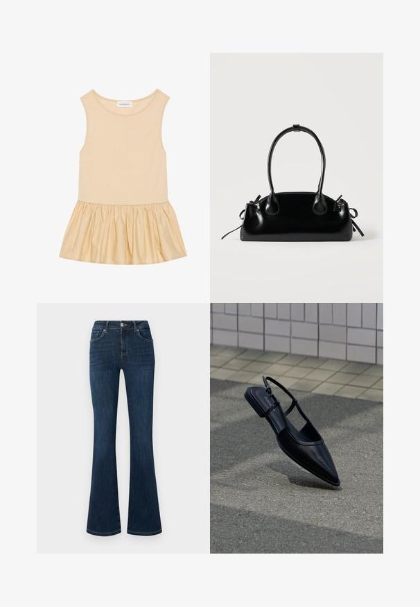 Haut sans manches avec une partie supérieure ajustée en maille côtelée de couleur beige clair et une jupe évasée, brillante et froncée dans une teinte assortie.; Jean en denim bleu foncé avec une taille mi-haute, style cinq poches et jambes évasées, présenté à plat sur un fond blanc.; Chaussure plate noire à bout pointu avec bride arrière, flottant au-dessus d'une surface en bitume à côté d'un trottoir carrelé.; Petit sac à main noir brillant avec deux longues anses et des détails à cordon sur les côtés sur un fond clair uni.