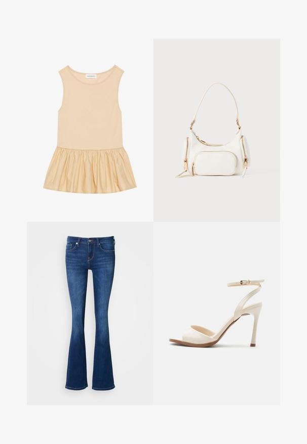 Ärmløs top med en tætsiddende ribbet overdel i lys beige og en flagrende, skinnende, samlet nederdel i en matchende nuance.; Denim jeans med vidde i mørkeblå. Mellemhøj talje med fem-lomme-design og diskrete syningsdetaljer. Blød tekstur, tætsiddende gennem låret.; Beige højhælede sandal med tynd ankelrem og guldlås, åben tå og tynd stiletthæl på hvid baggrund.; Hvid håndtaske med en kort skulderrem, tekstureret overflade, flere lynlåslommer og detaljer i guldfarvet metal. Kompakt og moderne design.