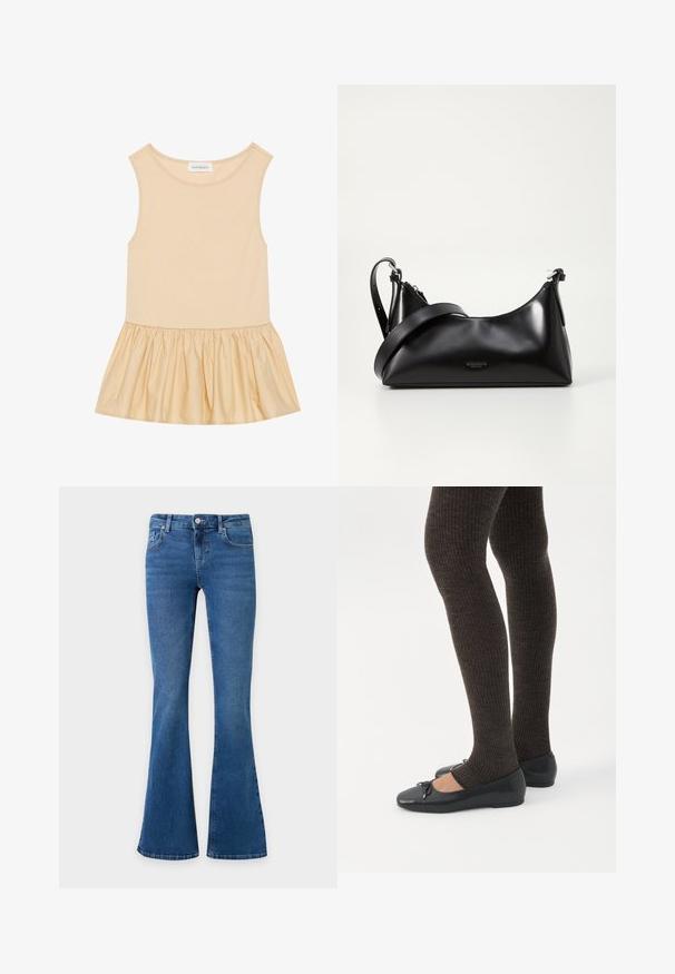 Haut sans manches avec une partie supérieure ajustée en maille côtelée de couleur beige clair et une jupe évasée, brillante et froncée dans une teinte assortie.; Jean en denim bleu avec jambes évasées, fermeture à bouton et zip devant, et poches avant et arrière sur un fond uni.; Jambes portant des leggings côtelés foncés associés à des ballerines noires avec de petits détails en nœud sur fond blanc.; Sac à main en cuir noir avec une texture lisse. Dispose d'une bandoulière adjustable et d'un design élégant et minimaliste avec une fermeture éclair.