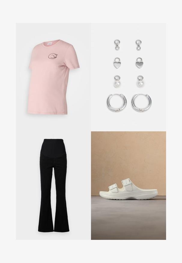 Roze T-shirt met korte mouwen van zacht materiaal, met een zwart geborduurd kattenontwerp op de borst. Klassieke ronde hals en een ontspannen pasvorm.; Zwarte flared jeans met een hoge tailleband, gemaakt van denim. Heeft een vijfzakken-stijl en een gladde textuur met gestikte accenten.; Witte open teen slide sandaal met twee verstelbare gespen zwevend boven geweven beige vloerkleed en houten koffietafel met boeken.; Drie paar zilveren oorbellen: korte studs met duidelijke stenen, hartvormige hangers en grote creolen met een gestructureerde afwerking.