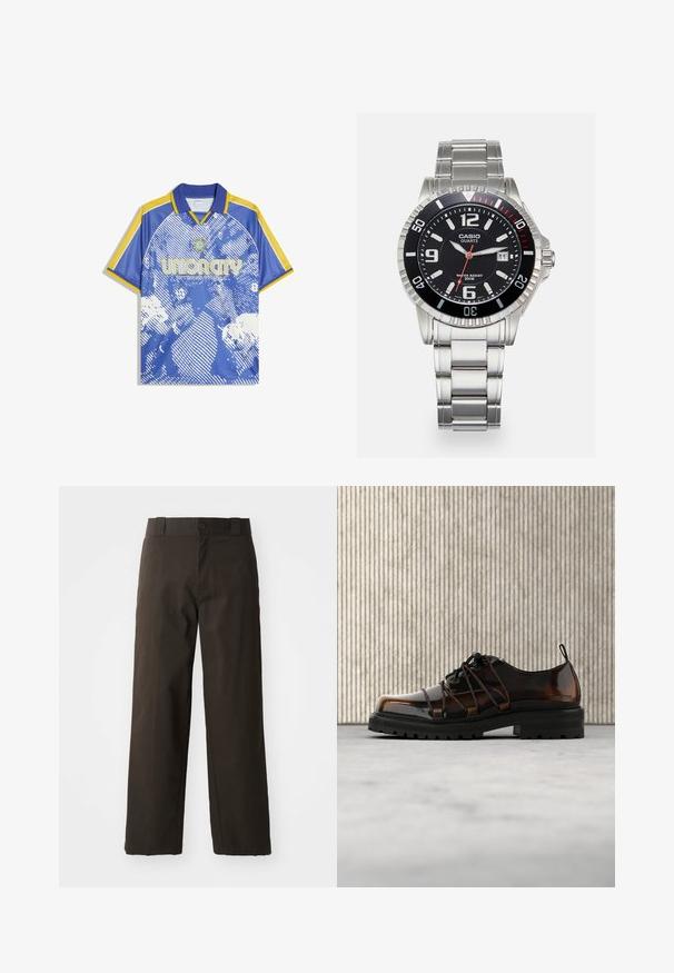 Maillot de sport bleu et jaune à manches courtes avec motif blanc abstrait, texte « Union City International » et un petit emblème sous le col.; Pantalons en coton noirs avec une coupe droite, dotés d'une fermeture à bouton et d'une taille classique. Texture lisse, sans motifs ni accents.; Chaussure en cuir marron brillant avec semelle noire épaisse et laçage unique, posée sur un tapis beige près d'un meuble arrondi orange.; Montre-bracelet à quartz Casio avec un cadran noir, un bracelet en acier inoxydable argenté, de grands chiffres blancs et rouges, et une étanchéité jusqu'à 200 mètres.