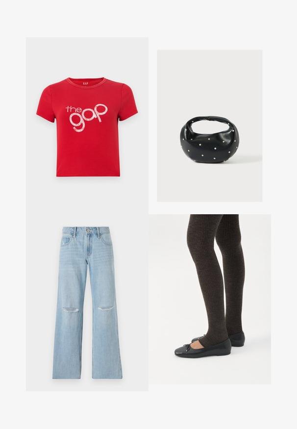 Κόκκινο βαμβακερό T-shirt με κοντά μανίκια, στρογγυλή λαιμόκοψη και μεγάλο λευκό γυαλιστερό λογότυπο "the gap" στο κέντρο. Απλός σχεδιασμός, χωρίς μοτίβα.; Ανοιχτό μπλε τζιν παντελόνι με ψηλή μέση, φαρδιά πόδια και δύο σκισίματα στα γόνατα. Διαθέτει θηλύκια για ζώνη και μπροστινές τσέπες.; Πόδια με σκουρόχρωμα ριμπ κολάν συνδυασμένα με μαύρα μπαλαρίνα παπούτσια με μικρές λεπτομέρειες φιόγκων σε λευκό φόντο.; Μαύρη δερμάτινη τσάντα χειρός με στρογγυλεμένο σχήμα, διακοσμημένη με ασημένιες λεπτομέρειες με καρφιά και κοντή λαβή. Λείο υλικό και κλείσιμο με φερμουάρ.
