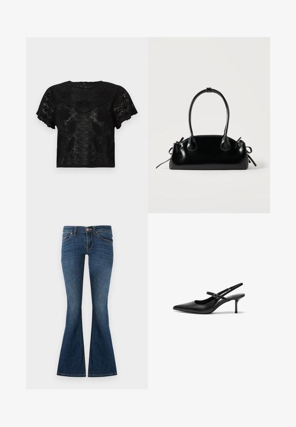 Haut court noir avec texture en dentelle, manches courtes évasées et motifs géométriques. Présente un large décolleté et des bords de manches festonnés.; Jeans évasés bleu foncé en denim, avec une conception à cinq poches, des passants de ceinture et une fermeture à bouton à l'avant. Texture lisse avec un minimum de décoloration.; Talons aiguilles noires en cuir avec un bout pointu, une fine bride réglable, et un talon aiguille d'environ 5 cm, texture lisse.; Petit sac à main noir brillant avec deux longues anses et des détails à cordon sur les côtés sur un fond clair uni.