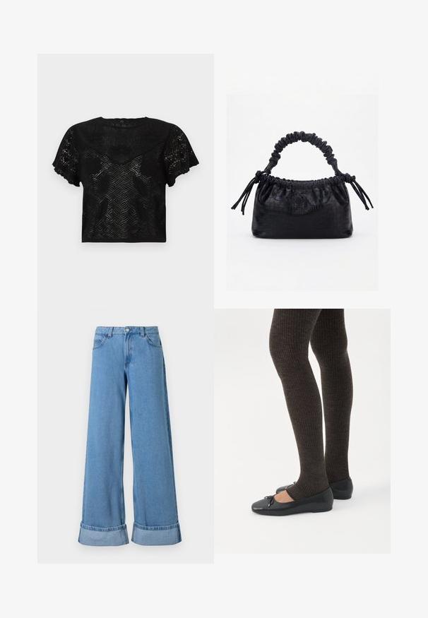Haut court noir avec texture en dentelle, manches courtes évasées et motifs géométriques. Présente un large décolleté et des bords de manches festonnés.; Jean en denim bleu clair à jambes larges avec une taille haute, des poignets roulés, un design à cinq poches et une fermeture à bouton avec un zip.; Jambes portant des leggings côtelés foncés associés à des ballerines noires avec de petits détails en nœud sur fond blanc.; Sac à main noir avec texture crocodile, bord supérieur froncé, poignée plissée et pompons à cordon de chaque côté sur fond blanc.