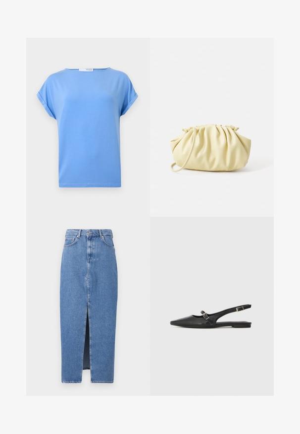 Lysblå kortærmet t-shirt lavet af blødt bomuld. Har en afslappet pasform og opbrettede ærmer med en lige kant.; Lyseblå denim midi-nederdel med en frontslids, klassisk fem-lomme design og lukning med topknap. Stoffet har en let struktur.; Sorte læder slingback-sko med spids tå, med en smal rem og en sølvspænde-detalje på siden. Flad sål.; Gul plisseret håndtaske lavet af glat kunstlæder, med en blød form, en enkelt skulderrem og samlet topdesign.