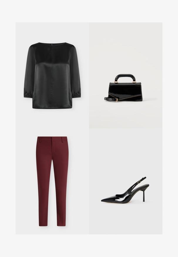 Blouse noire en satin à manches longues, encolure ronde et poignets élastiques, présentée sur un fond uni clair.; Pantalon slim fit bordeaux avec passants de ceinture et fermeture éclair devant, présenté sur un fond uni.; Sandale à talon aiguille en cuir verni noir à bout pointu, avec une fine sangle et une boucle dorée sur fond blanc.; Sac à main rectangulaire noir brillant avec poignée supérieure, ferrures dorées et bandoulière amovible, posé sur un fond clair uni.
