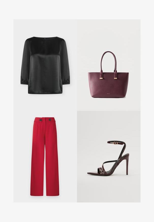 Blouse noire en satin à manches longues, encolure ronde et poignets élastiques, présentée sur un fond uni clair.; Pantalon large rouge taille haute avec deux boutons noirs sur la ceinture, plis devant et ourlet droit.; Sandale à talons hauts en cuir verni bourgogne avec une bride de cheville, bout pointu et trois bandes horizontales sur le pied. Détail de boucle dorée.; Sac fourre-tout en cuir violet foncé avec deux poignées et petit logo de marque doré sur le devant, posé sur un fond clair uni.