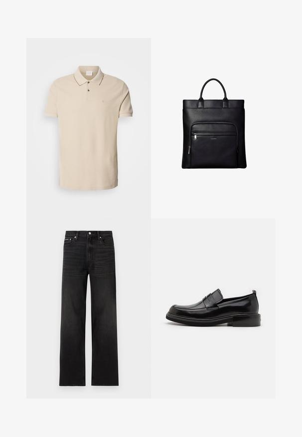 Beige polo shirt gemaakt van katoen, met een placket met twee knopen, korte mouwen en een klein logo op de borst. Contrasterende stiksel details.; Zwarte jeans met rechte pijpen, vijf zakken, riemlussen en knoopsluiting, weergegeven op een witte achtergrond.; Calvin Klein MOCCASIN - Zakelijke loafers - black; Zwarte leren tote bag met bovenhandvatten en een voorvak met ritssluiting met een klein Calvin Klein-logo op het vak.