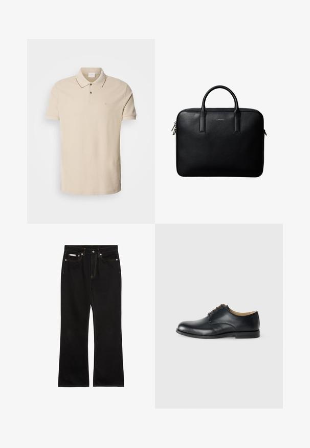 Camisa polo beige de algodón, con un cierre de dos botones, mangas cortas y un pequeño logo en el pecho. Detalle de costura en contraste.; Vaqueros negros de pierna recta con costuras naranjas, cinco bolsillos, cierre de botón y una pequeña etiqueta Calvin Klein en el bolsillo delantero derecho.; Calvin Klein ESS DERBY - Zapatos de vestir - triple black; Maletín de cuero negro texturizado con doble asa y tiradores de cremallera plateados, centrado sobre fondo blanco.
