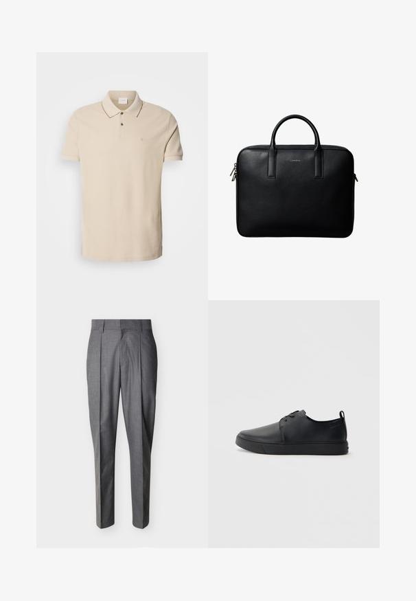 Beige polo shirt gemaakt van katoen, met een placket met twee knopen, korte mouwen en een klein logo op de borst. Contrasterende stiksel details.; Grijze op maat gemaakte pantalon met plooien en riemlussen, plat weergegeven tegen een witte achtergrond.; Zwarte leren sneaker met een gladde afwerking, ronde neus, tonale stiknaden, vetersluiting aan de voorkant en een vlakke rubberen zool. Lussje aan de hak.; Zwarte gestructureerde leren aktetas met dubbele handvatten en zilveren ritstrekkers, gecentreerd op een witte achtergrond.