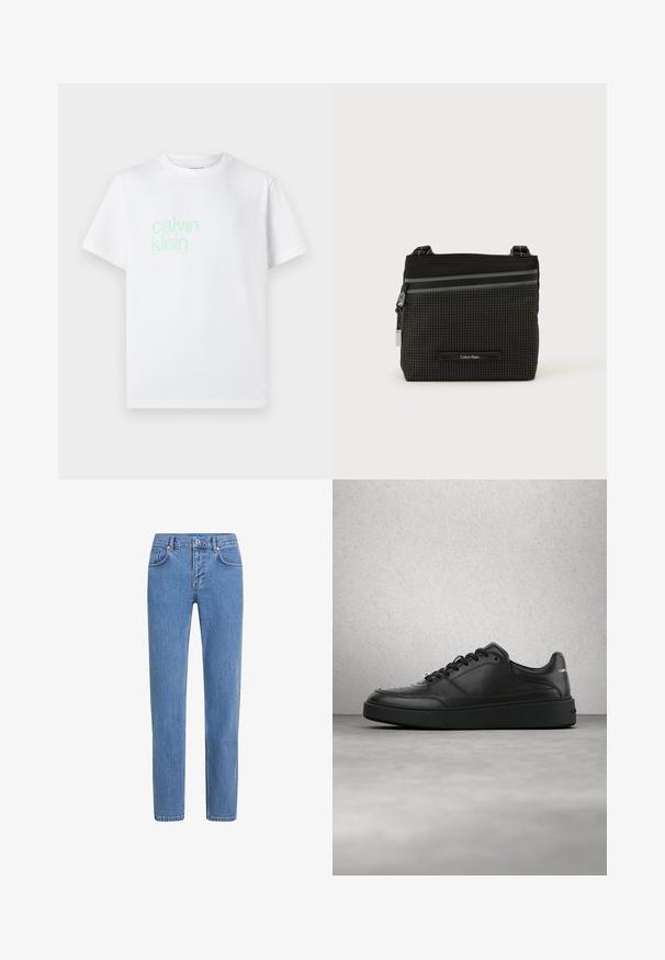Valkoinen puuvillapaita lyhyillä hihoilla. Edessä on vaaleanvihreä "calvin klein" -logo. Standardi pyöreä kaula-aukko.; Vaaleansiniset farkut suoranlahkeisella muotoilulla, viisi taskua ja nappikiinnitys. Kangas on tekstuuripintaista ja siinä on hienovaraisia haalistumia.; Musta nahkainen tennari, jossa pyöreä kärkiosa, nauhallinen etuosa ja hienovaraiset rei'itykset. Nauhoissa on hopeanvärinen logokuvio.; Musta ja harmaa Calvin Kleinin olkalaukku ruutukuvioinnilla, etutaskulla vetoketjulla ja säädettävällä hihnalla valkoisella taustalla.