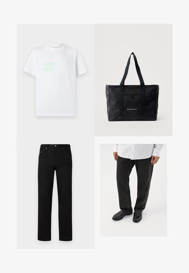Hvid bomulds t-shirt med korte ærmer. Har et lysegrønt "calvin klein" logo trykt foran. Standard crew neck design.; Sorte bukser med lige ben, lavet af glat stof, med knaplukning og diskrete forlommer.; Sorte denimbukser parret med skinnende sorte loafers. Skjorten er hvid med tynde lodrette striber, har lange ærmer og en knapkrave.; Sort Calvin Klein shopper med to lange håndtag, lynlåslomme foran samt logo trykt på frontens midte.