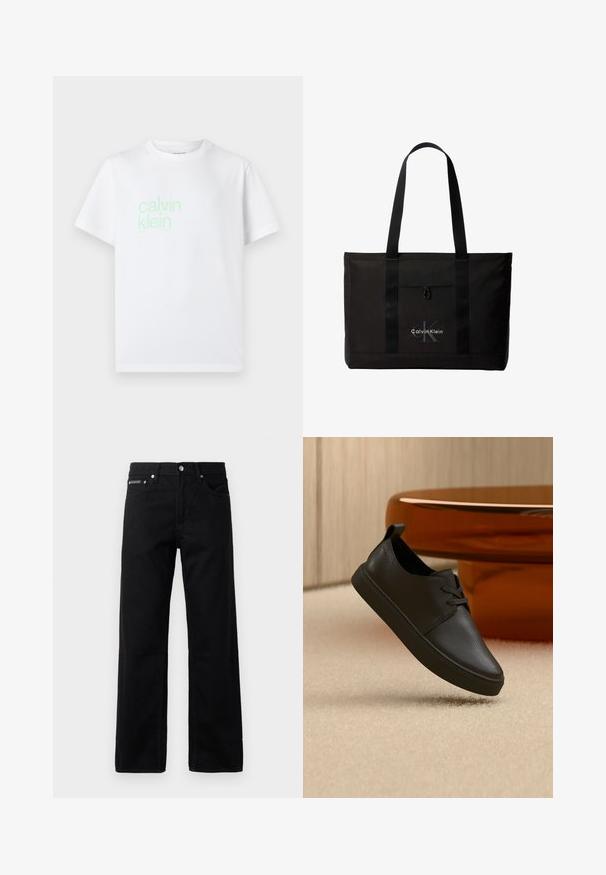 Hvid bomulds t-shirt med korte ærmer. Har et lysegrønt "calvin klein" logo trykt foran. Standard crew neck design.; Sorte denim jeans med lige ben, fem lommer og et logo-tag foran, med metalbeslag og en glat tekstur.; Sort lædersneaker til hverdag med snørebånd, svævende over beige tæppe med et rundt bord af ravfarvet glas i baggrunden.; Sort Calvin Klein tote taske med to lange håndtag og lomme foran, med mærkets logo i hvid og grå.