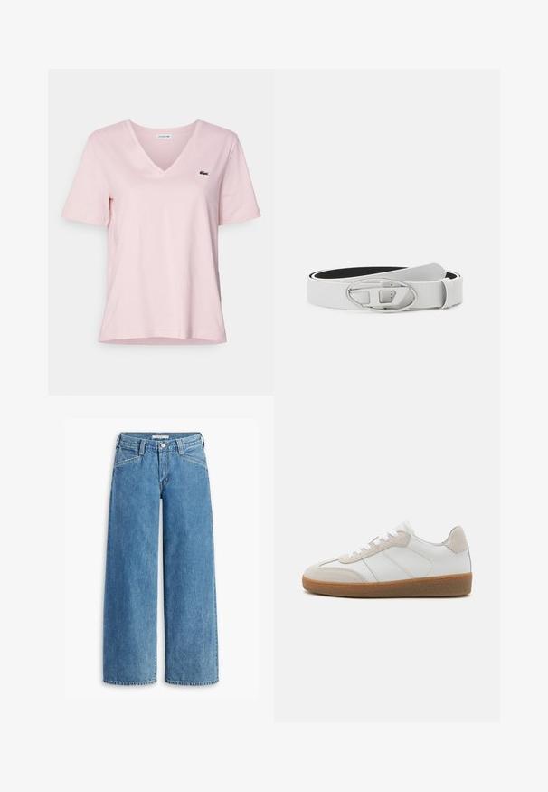 Helles, rosafarbenes Baumwoll-T-Shirt mit V-Ausschnitt und kurzen Ärmeln, ausgestattet mit einem kleinen grünen, gestickten Krokodil-Logo auf der linken Brust.; Hellblau weite Jeans aus Denim, mit hoher Taille, fünf Taschen und einem klassischen Knopfverschluss. Gerader Schnitt vom Oberschenkel bis zum Saum.; Weiße Leder-Sneaker mit beige Suede-Akzenten, strukturiertem Zungenbereich und Gummisohle. Verfügt über weiße Schnürsenkel und dezente eingestickte Details.; Weißer Leder-Gürtel mit einer glänzenden ovalen silbernen Schnalle und einer glatten Textur, mit einem kontrastierenden schwarzen Innenfutter.