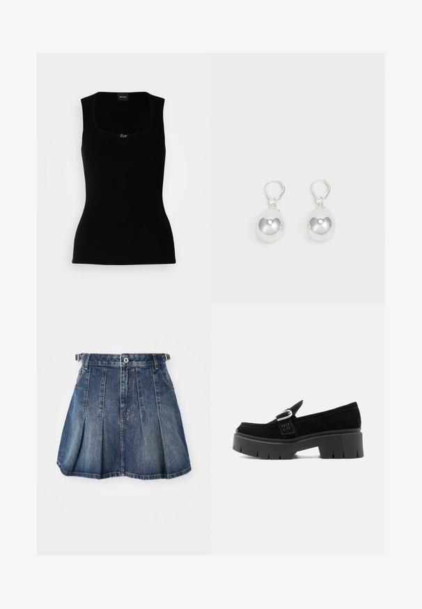 Débardeur noir côtelé avec un décolleté carré, arborant un petit logo en accent au centre. Confectionné dans un matériau doux et texturé.; Jupe en denim avec un lavage bleu foncé, design plissé, fermeture à boutons et passants de ceinture. Présente des accents de couture subtils et des poches latérales.; Mocassin en daim noir avec semelle à crampons épaisse, détail boucle argentée et inscription "HUGO" en relief sur la lanière latérale, vu de côté extérieur.; Boucles d'oreilles en argent en forme de goutte avec des surfaces lisses, rondes et réfléchissantes, suspendues à des fermoirs à ressort. L'arrière-plan est blanc uni.