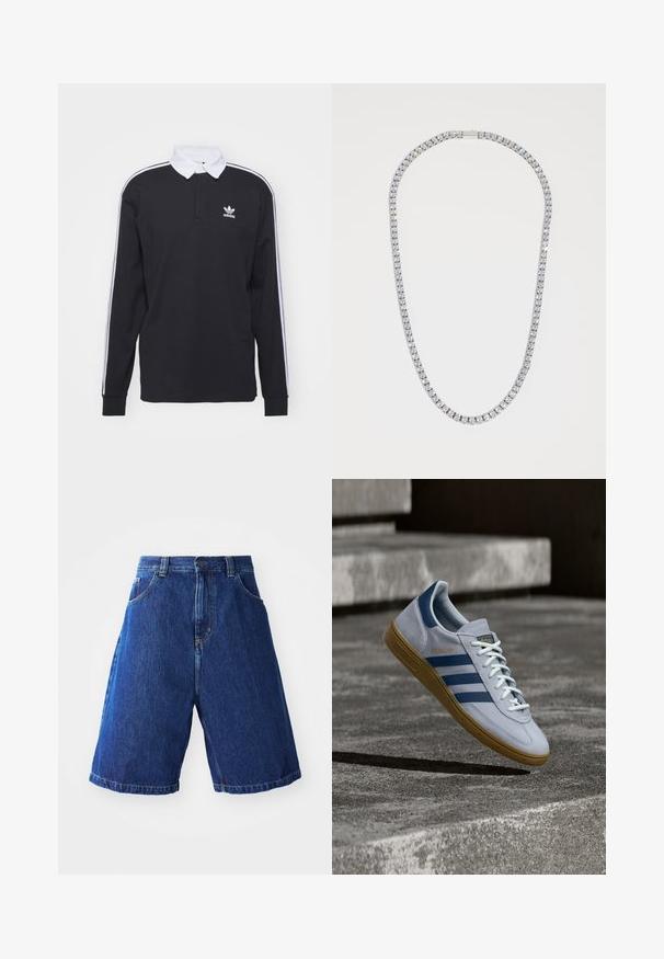 Sort langærmet polo skjorte med hvid krave og tre hvide striber langs ærmerne; har et broderet Adidas-logo på brystet.; Denimshorts med en blå vask, med en høj talje, to forlommer og gul syning langs sømmene.; Lyseblå Adidas Spezial sneakers med marineblå striber og gummisål, vist i luften over betontrapper i et neutralt udendørsmiljø.; DARKAI TENNIS LONG UNISEX - Halskæder - silver-coloured